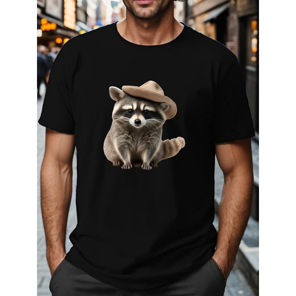 Raccoon Print Men's Short Sleeve T-shirts, Comfy Casual Tops