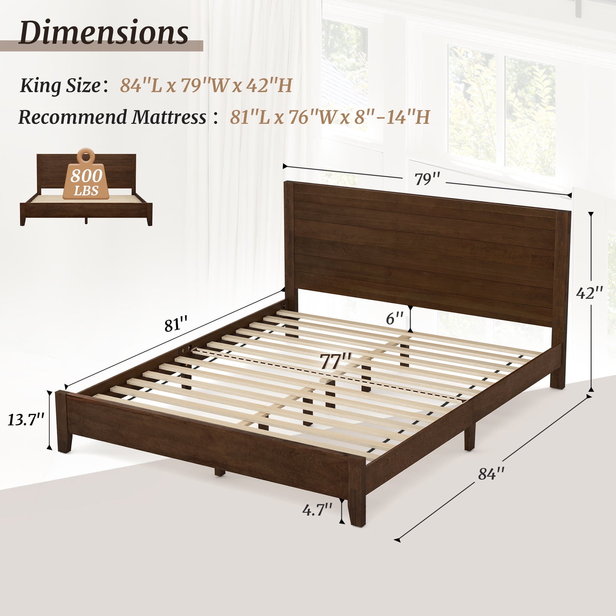 DYCANPO King Bed Frame with Headboard Acacia Wood Platform, Non-Slip&Without Noise, Walnut