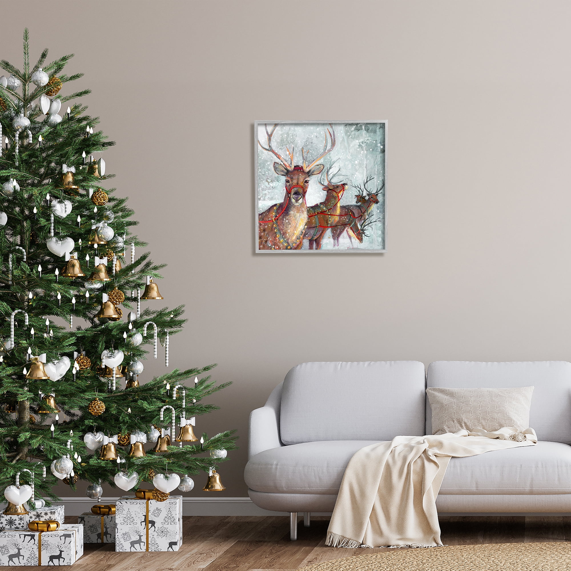 Stupell Industries Winter Reindeer Holiday Landscape Holiday Painting Gray Framed Art Print Wall Art