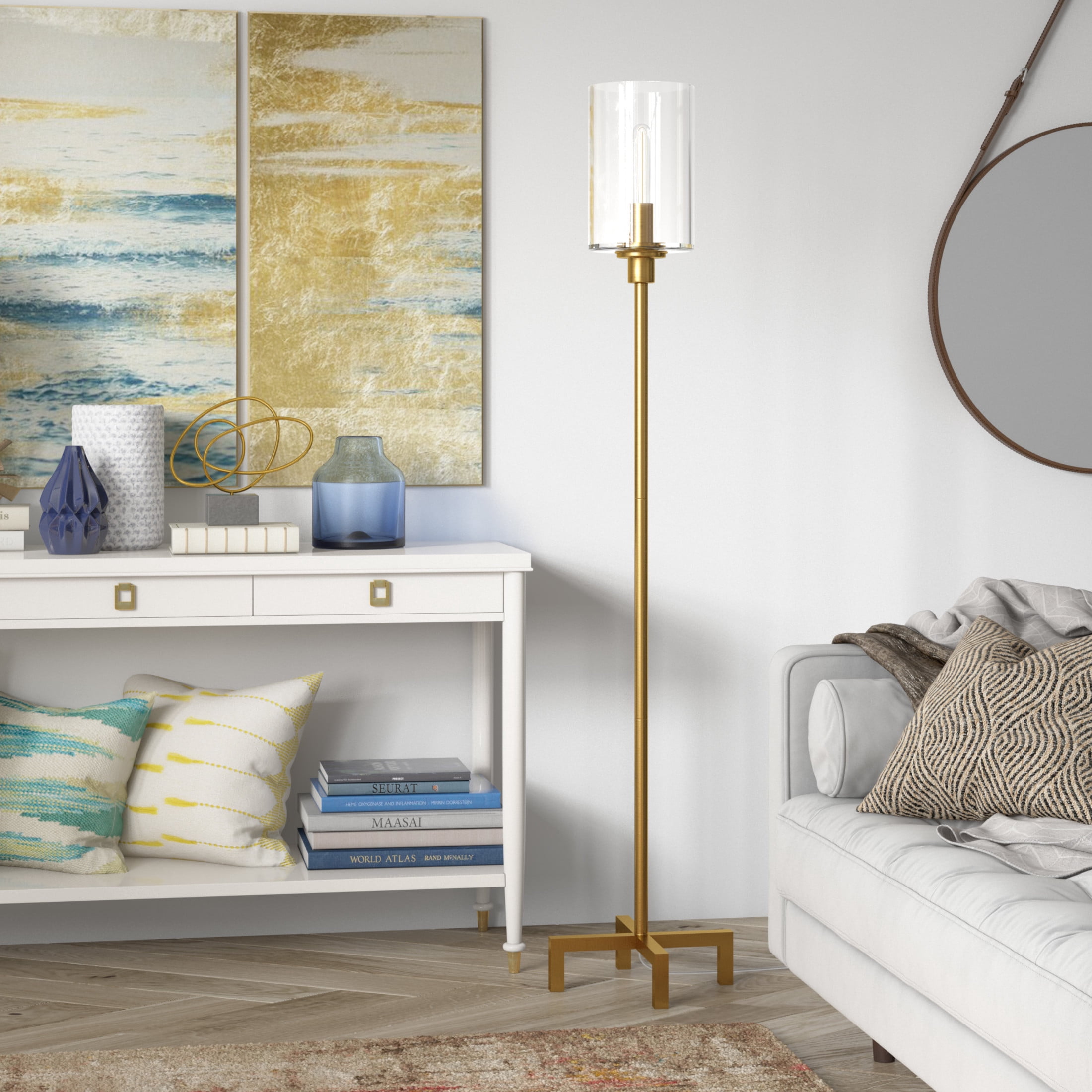Evelyn&Zoe Panos 66.25" Tall Floor Lamp with Glass Shade, Brass/Clear