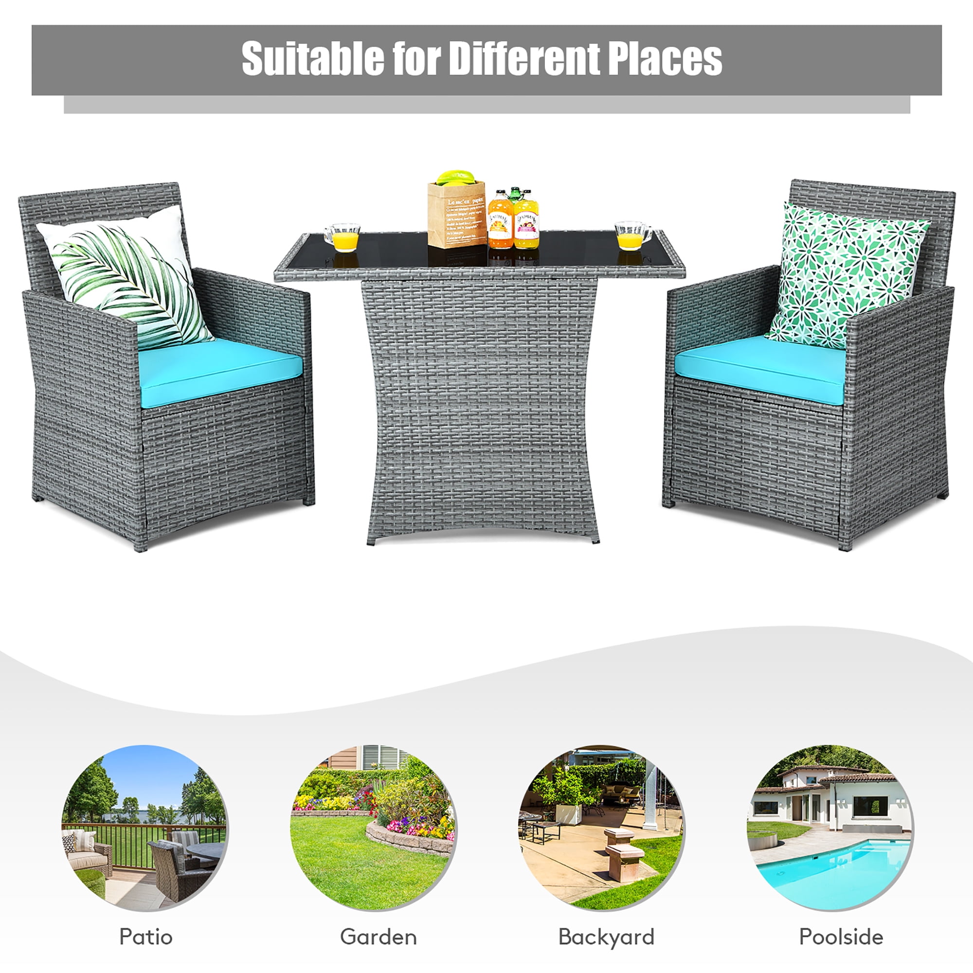 Costway 3PCS Patio Rattan Furniture Set Cushioned Sofa Armrest  Turquoise