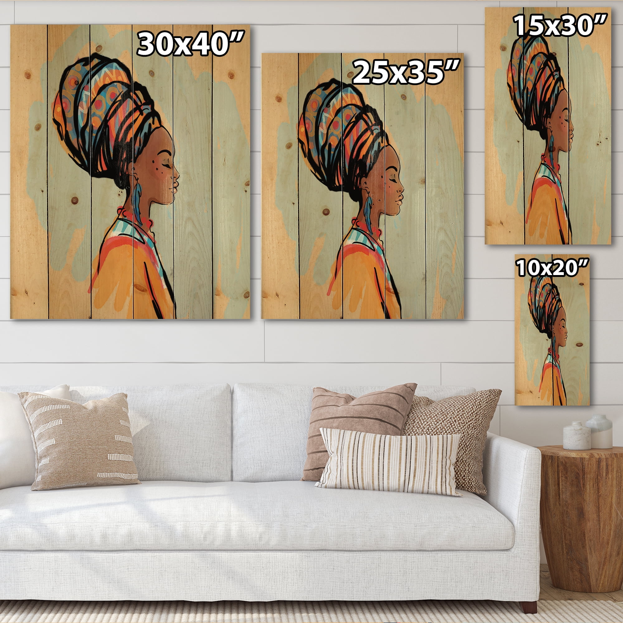 Designart 'Portrait of African American Woman With Turban III' Modern Print on Natural Pine Wood