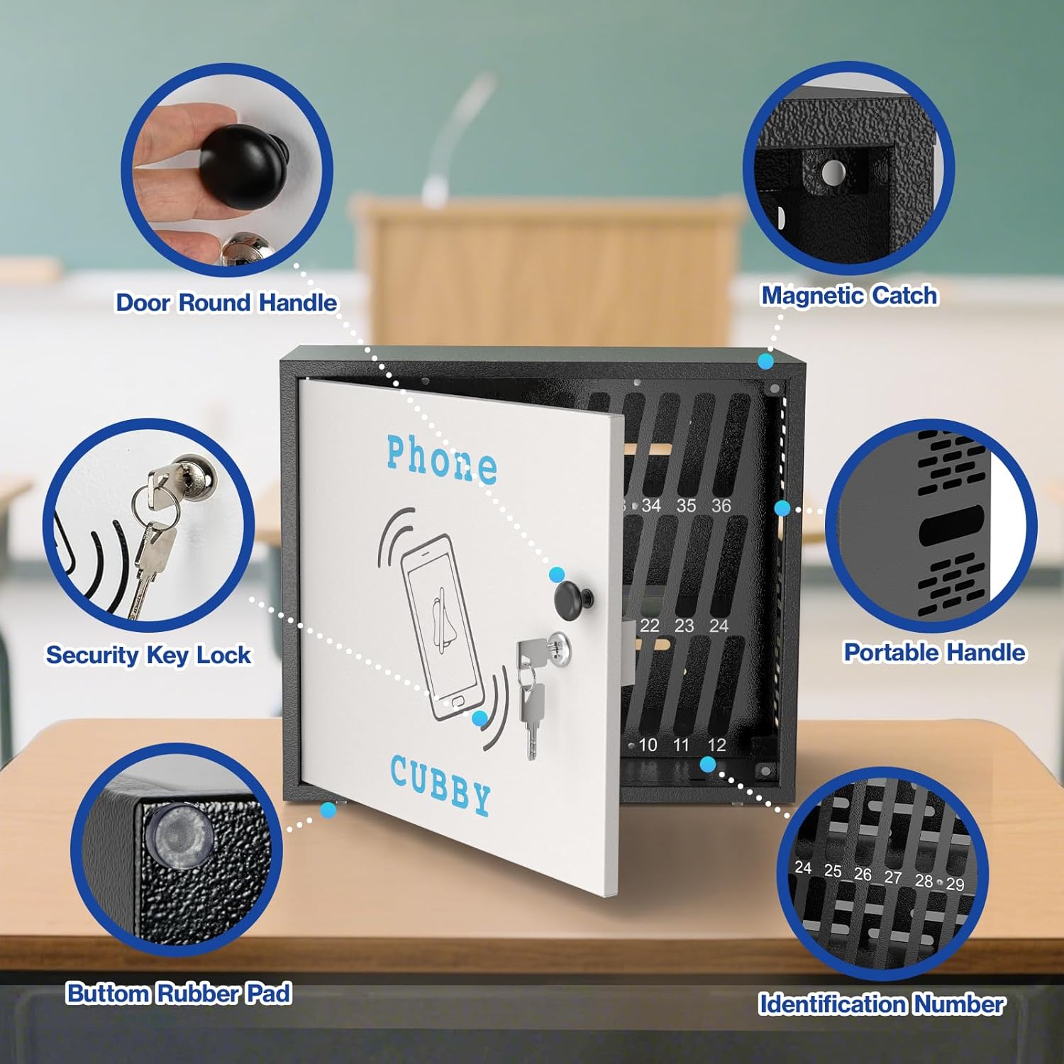 POCHAR 36-Slots Cell Phone Holder for Classroom and Office, Metal Lock Box Storage Cabinet - Phone Caddy with 2 Keys