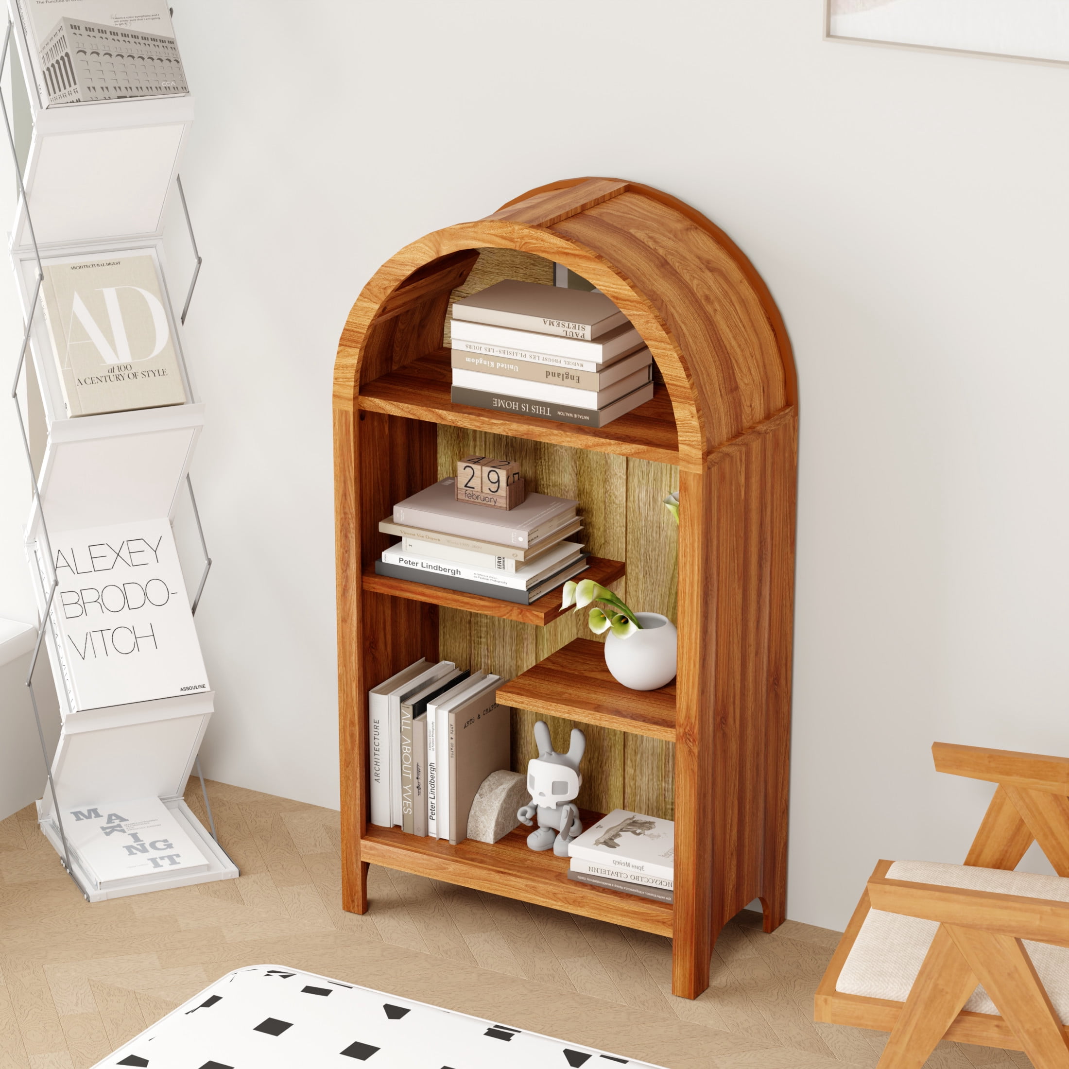 Noble House 4-Tier Arched Top Display Cabinet, Freestanding Accent Display Rack, Walnut