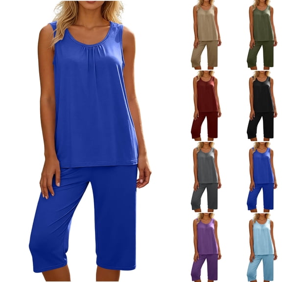 Smsaxvxz Tank Pajamas Set for Women 2 Piece Fashion Pleated Round Neck Sleeveless Tops and Bermuda Shorts Sleepwear Set Blue XL