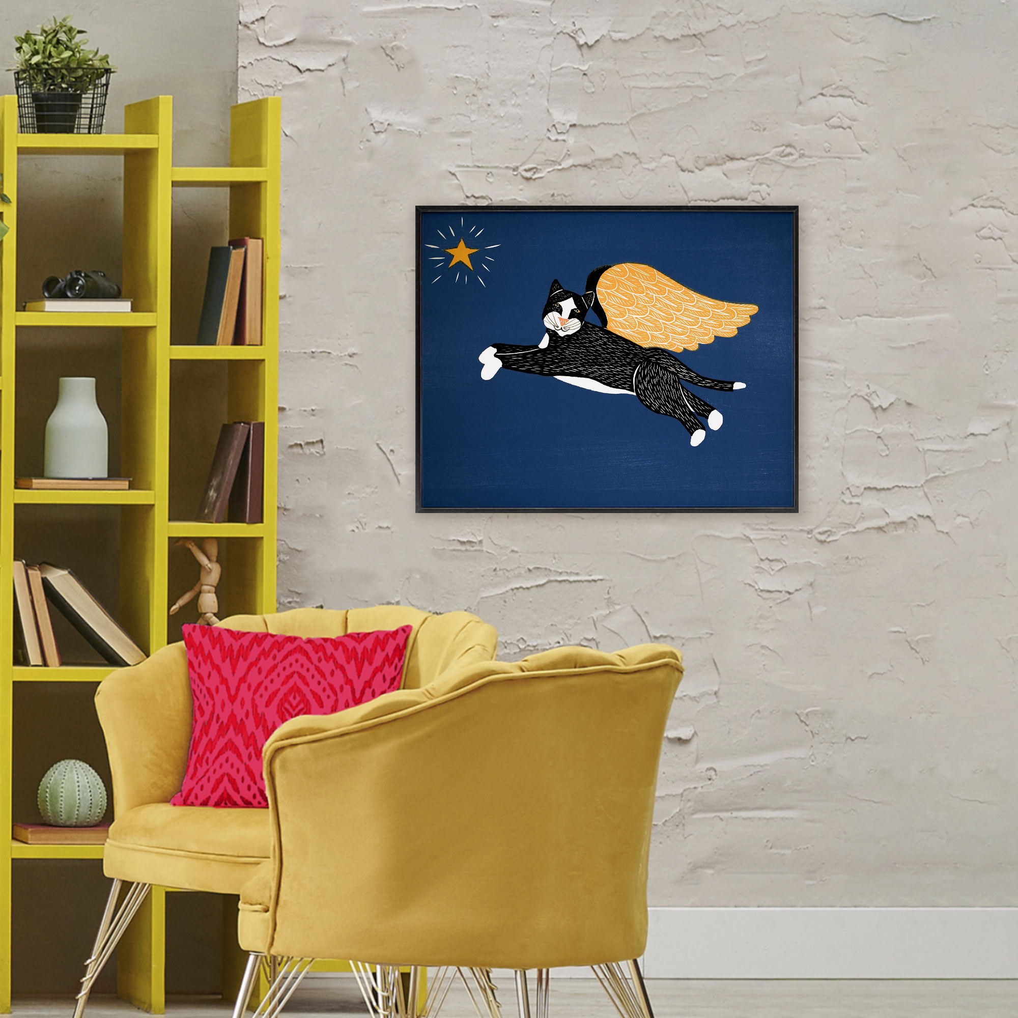 Angel Cat with Star Black Framed Giclee Art, design by Stephen Huneck