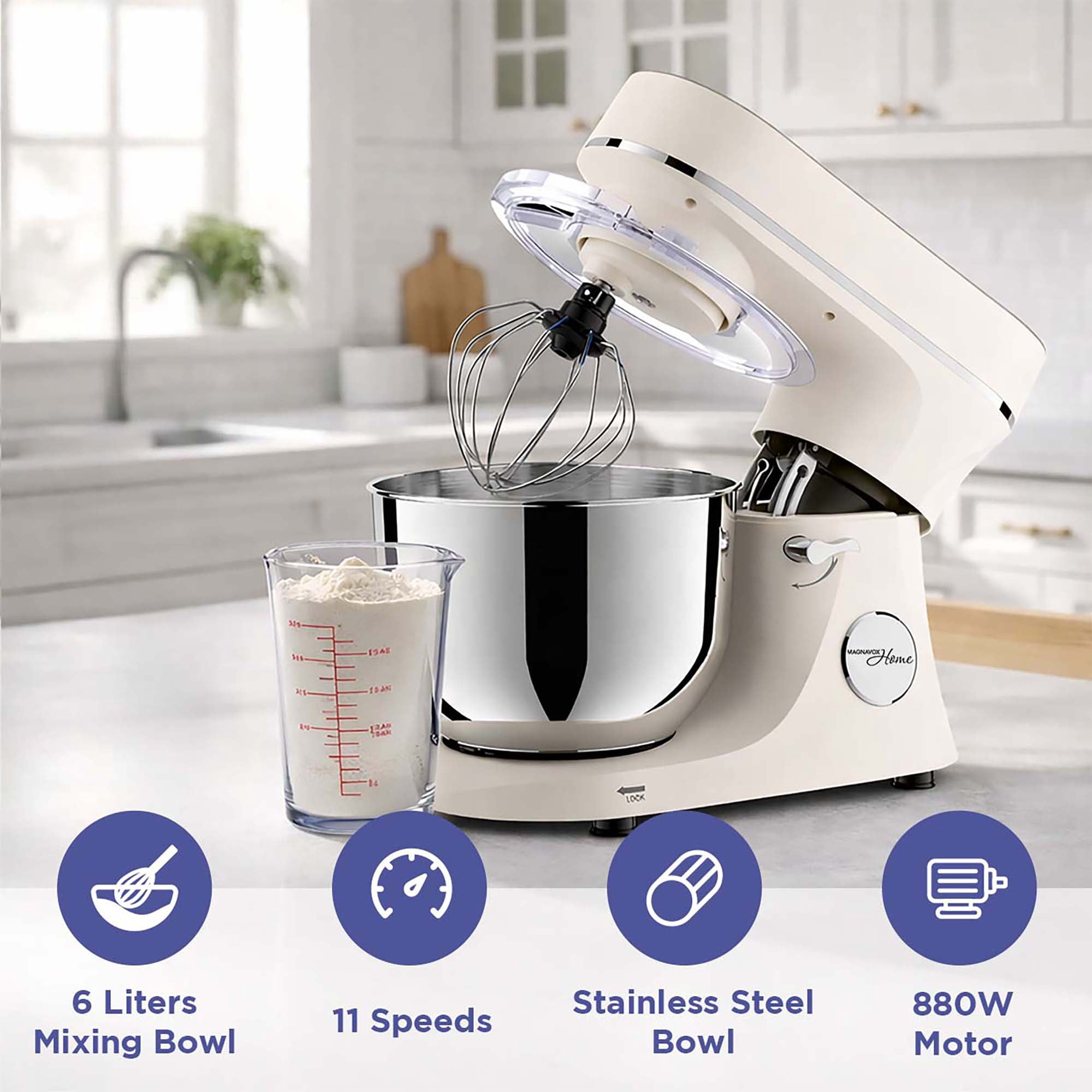 Magnavox 6.0L Digital Touch Screen Stand Mixer with Stainless Steel Bowl, 11-Speed, Tilt-Head, Planetary Mixing, 660W Motor, Dough Hook, Beater, Whisk, Bowl Cover, Cream