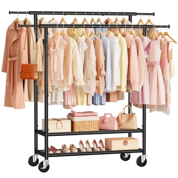 WLRETMCI Rolling Clothes Rack with Wheels, Heavy Duty Garment Rack Adjustable Double Rod Clothing Rack for Hanging Clothes,Portable Closet, Black