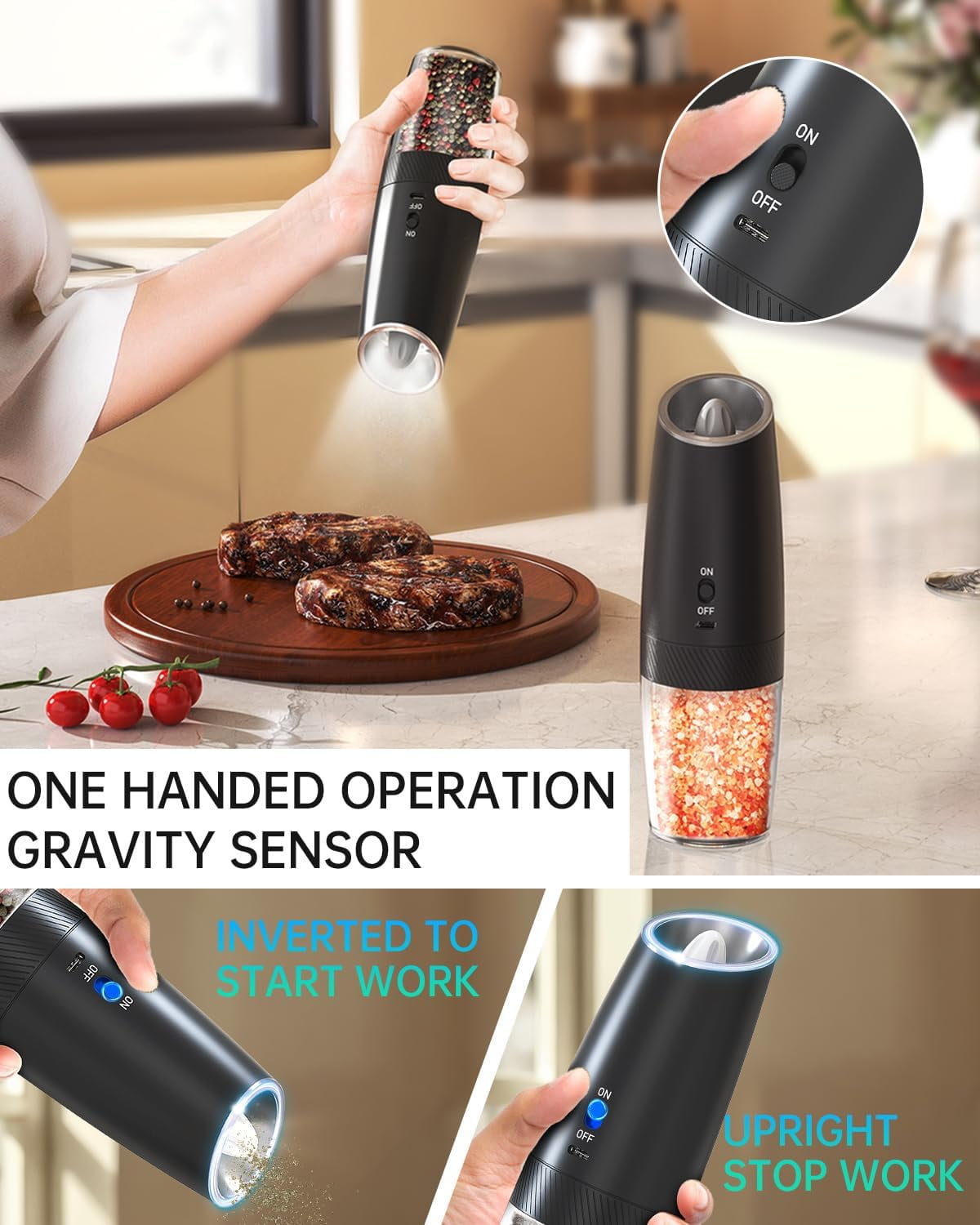 MSAS Gravity Auto-Start Electric Salt & Pepper Grinder Set，Rechargeable, for Kitchen and BBQ, 2 Pack