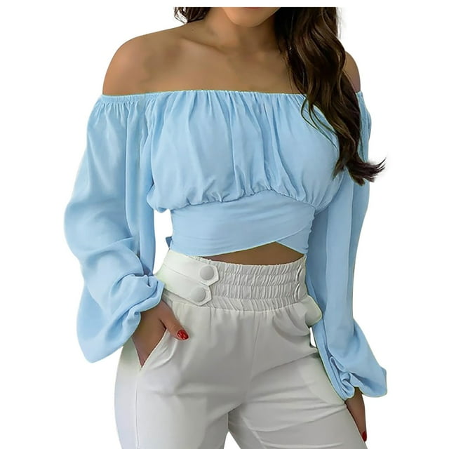 Blusa de manga larga sin tirantes para mujer Color sólido con hombros descubiertos y manga farol fruncida Pompotops gfhjh7966