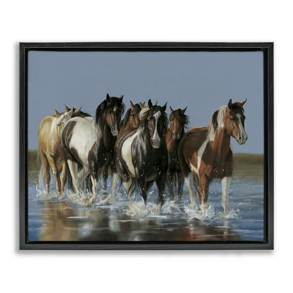 Stupell Industries Horses Running Through River Animals & Insects Painting Black Floater Framed Canvas Art Print Wall Art, 21 x 17