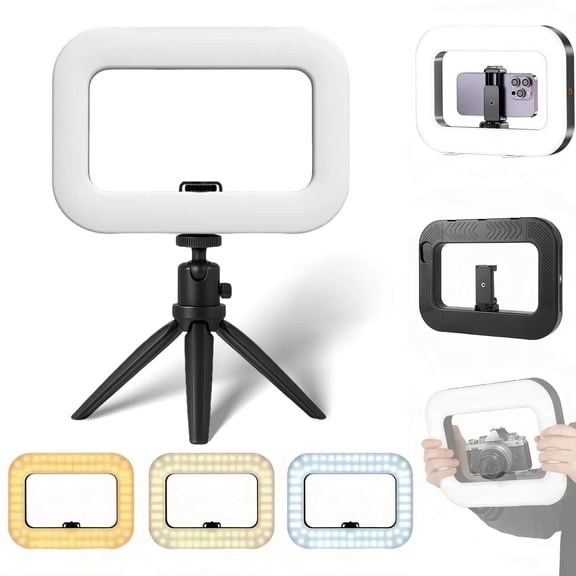 Beteliva Handheld Selfie Fill Ring Lights， LED Mobile Video with Desktop Tripod Stand, Portable Square Ring Light 2500K-8500k for Smartphone Camera, Black