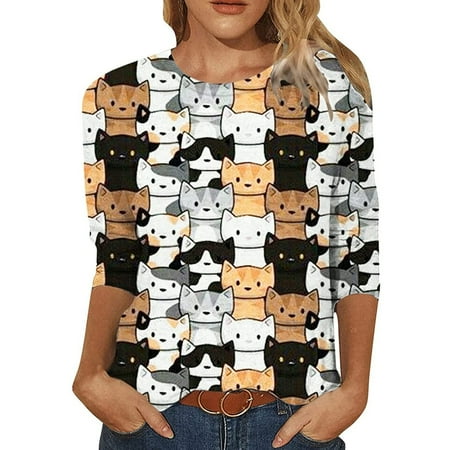 

LBECLEY Womens Long Sleeve Shirts Summer Womens Crew Neck Cute Cat Printed Fit T Shirts Top Casual Soft Comfy Shirts Tee Blouse Button Up Scrub Top Polyester Spandex Black M