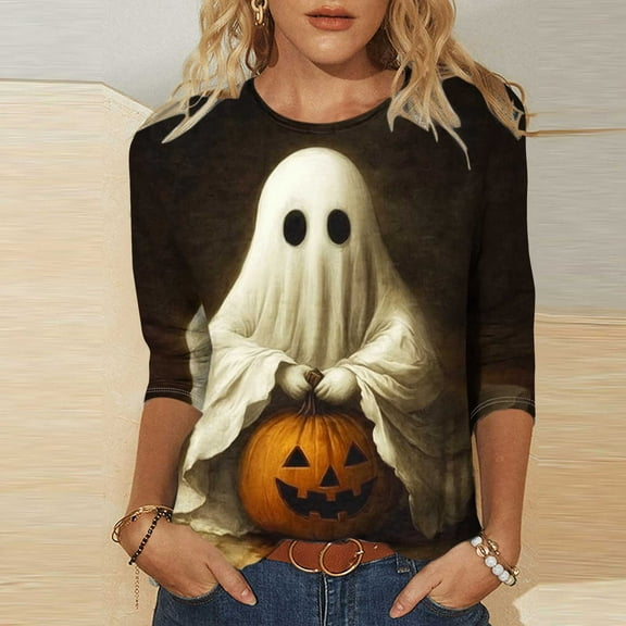 VKOYWKM 3/4 Sleeve Tops for Women Halloween Shirts Funny Pumpkin Ghost Graphic Tees Fall Crew Neck Loose Fit Spooky Halloween T-Shirts Shirts