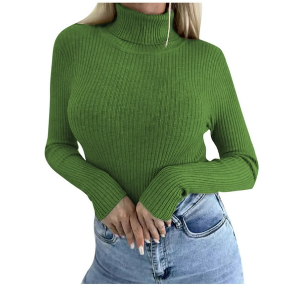 Kaliqueen Womens Shirts Turtleneck Long Sleeve Solid Color Pullover Tops 2025 Fall Slim Fitted Ribbed Knit Basic Casual Sweater