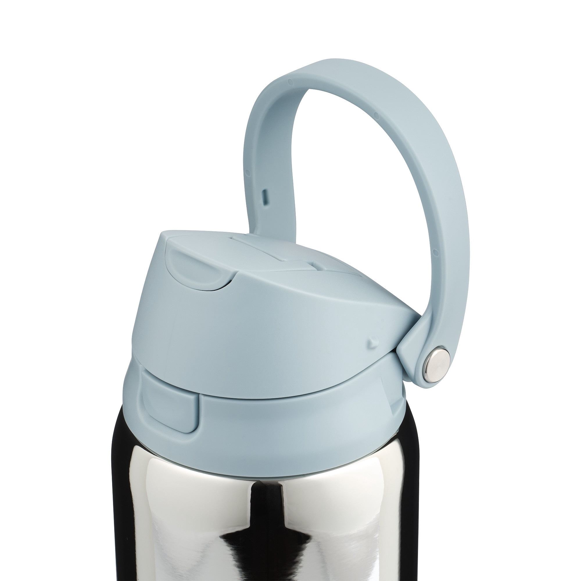 Mary Lawless Lee x TAL 32oz Stainless Steel 2-in-1 Straw and Chug Water Bottle with Push Lid, Chrome with Blue Ribbed Boot