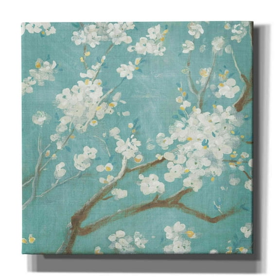 Epic Graffiti  "White Cherry Blossom I on Blue" by Danhui Nai, Giclee Canvas Wall Art - 37" x 37"