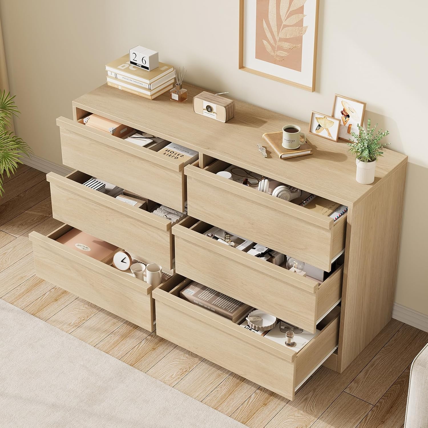 6 Drawer Dresser for Bedroom, Natural Oak 8 Chest of Drawers with Large Storage, Wooden Dresser Organizer for Living Room, Entryway, Nursery