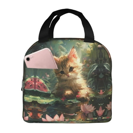 Insulated Lunch Bag for Women Men - Cute Kitten Water Lilies Leakproof Cooler Lunch Box for Women Men  Lunch Tote Bags for Work School Picnic Travel