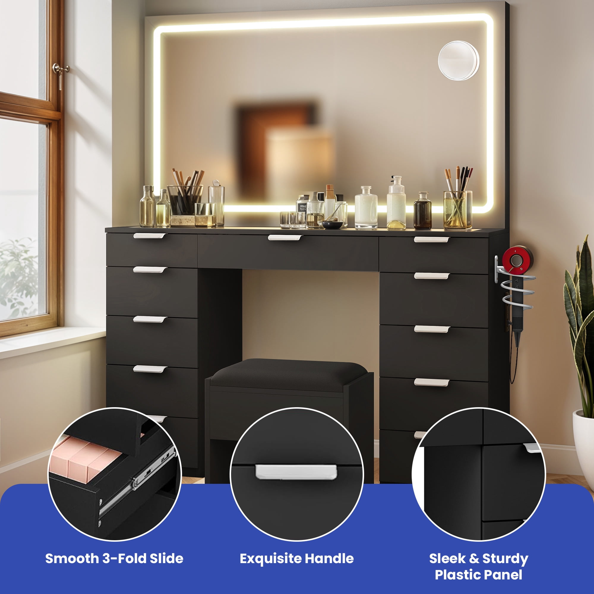Uforic Elegant Black Vanity Desk Set with LED Mirror and Glass Top