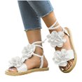 thumbnail image 4 of Flat Sandals for Women, Open Toe Ankle Strap with Floral Embellishment and Woven Rope Sole, Black Size 36, 4 of 9