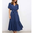 thumbnail image 4 of QUYUON Flowy Dresses for Women Casual Summer Wrap V-Neck Short Sleeve Ruffle Midi Dress with Belt Pleated A-Line Beach Sundress Elegant Formal Evening Party Cocktail Long Dresses Dark Blue X-Large, 4 of 6