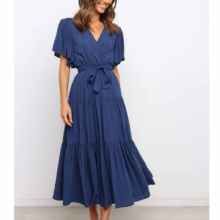 Dark Royal Blue Womens Flare Bell Bottom Tie Knot Plain Bootcut Leg Maxi  Long Dresses for Women Bell Sleeve V Neck Lace Brunch Fall Summer Dresses  2025 Clothes XL - Walmart.com