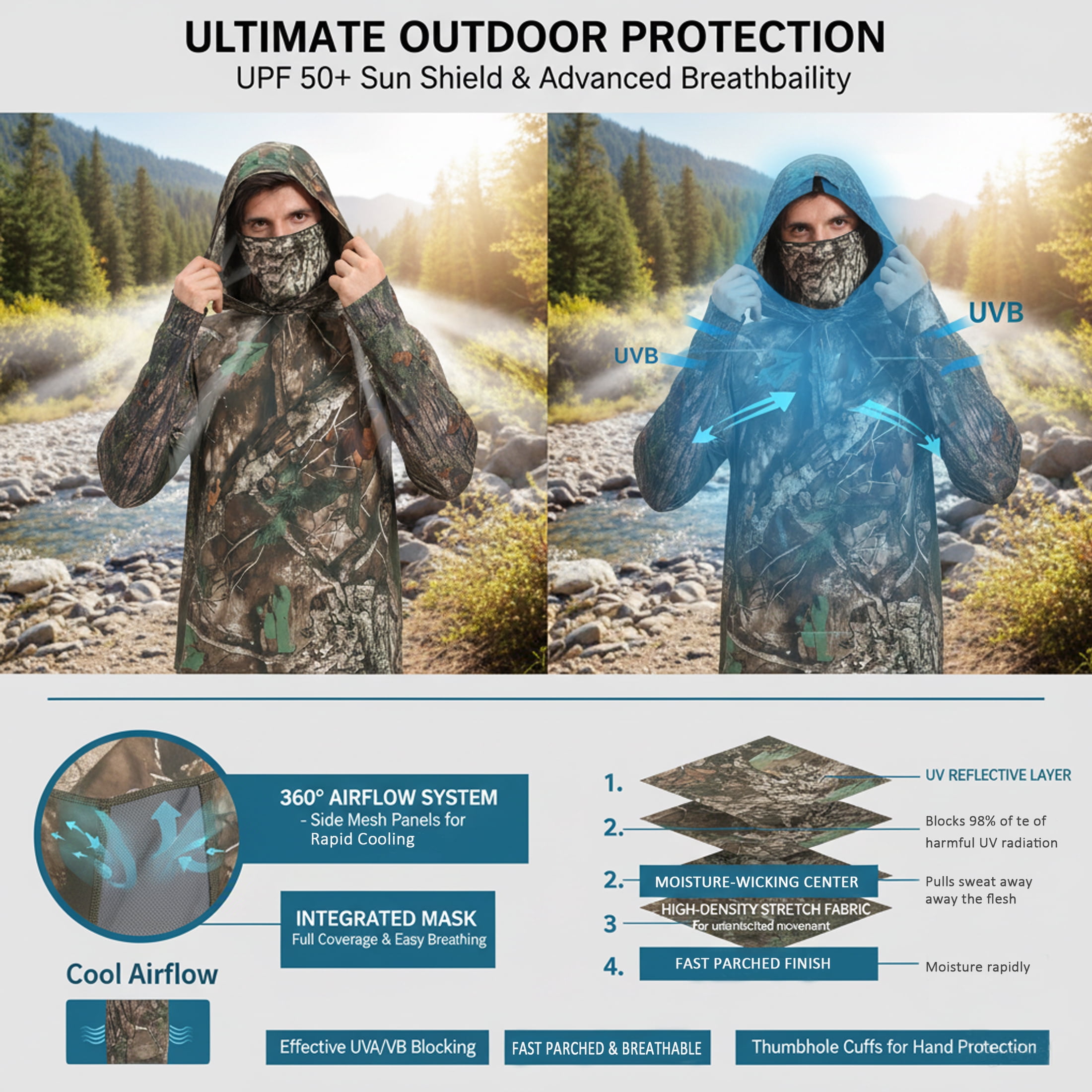 RPOVIG Camo Hunting Long-Sleeve Hooded Sweatshirt for Men UPF 50+ Fishing Hiking Camp Shirt,S-3XL