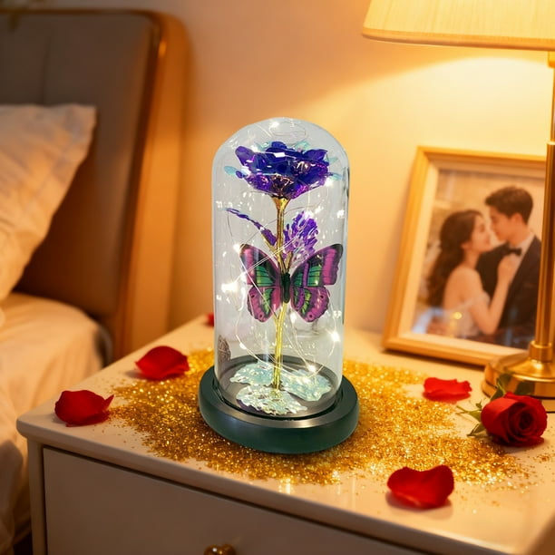 Adorno de luz nocturna con flores y rosas conservadas | Decoración LED de lámina de oro | Plástico acrílico | 22cm | Rojo, Dorado, Morado, Azul, Rosa | Acento de regalo para el hogar | Ambiente