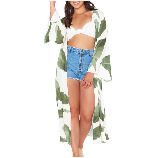 Kimono de Playa Con Estampado de Hojas Para Mujer, Chal, Manga 3/4, Largo, Suelto, Para Cubrir Odeerbi ODB-6