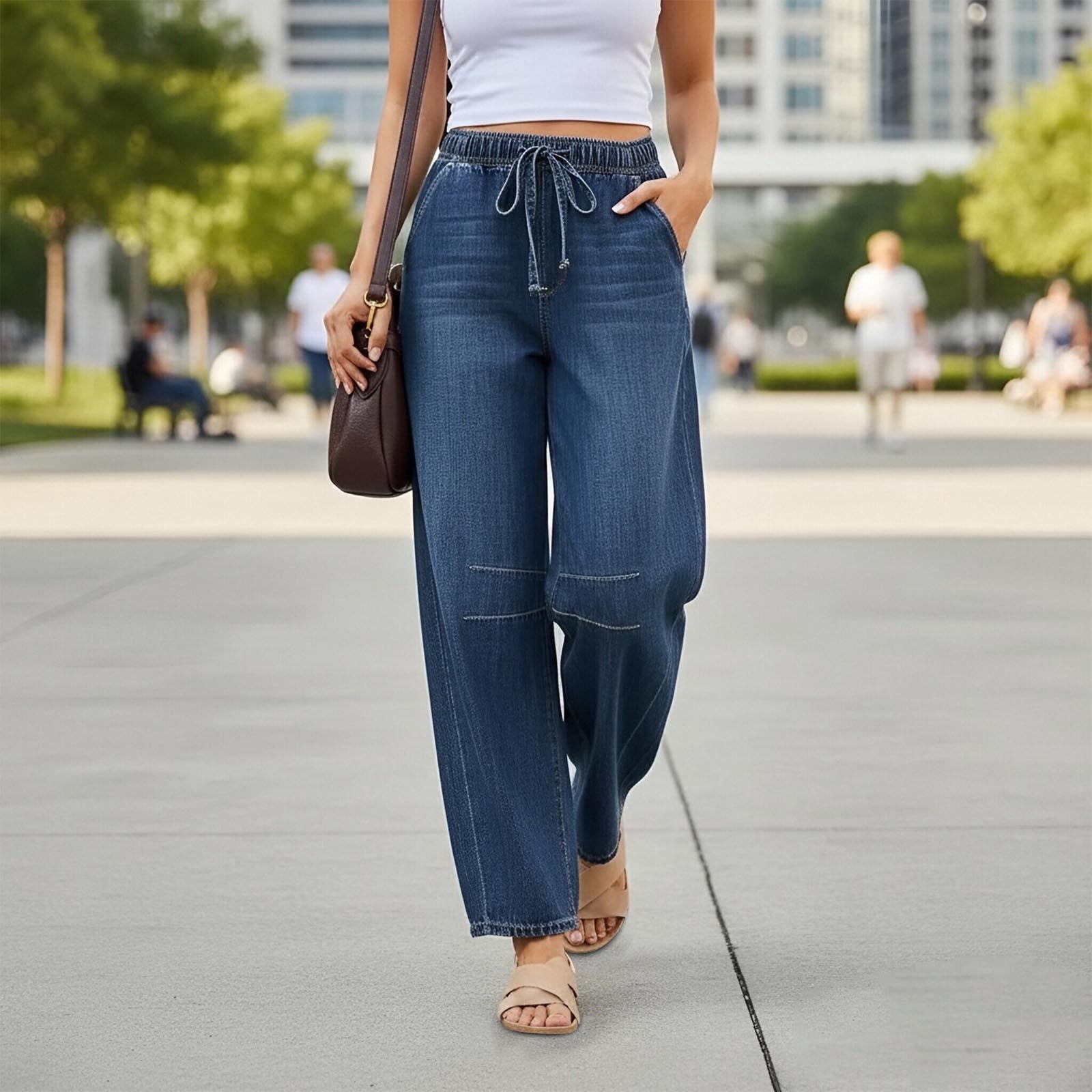 Baggy Jeans for Women High Waisted Wide Leg Jeans Elastic Waist Strechy Drawstring Pull On Denim Pants with Pockets