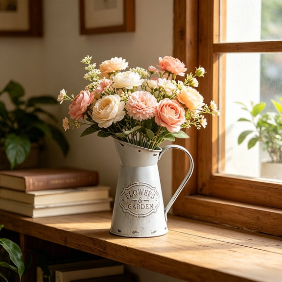 Vintage Metal Milk Can Vase, Iron Farmhouse Flower Pitcher Handled Decorative Planter, 7.7 X 4.5 In, White, For Home Garden Shelf Floral Display