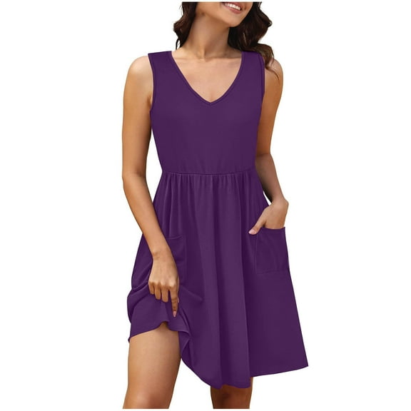 Women's Sleeveless V-Neck Solid Casual Swing Dress Side Pockets Loose Fit Waisted Dress 2026 Fashion Spring Summer Office Vacation Casual Wear