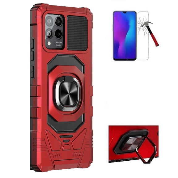Tommulti Phone Case for T-Mobile Revvl 6 Pro 5G,  Ring Stand Hybrid Case Cover   Tempered Glass (Red)