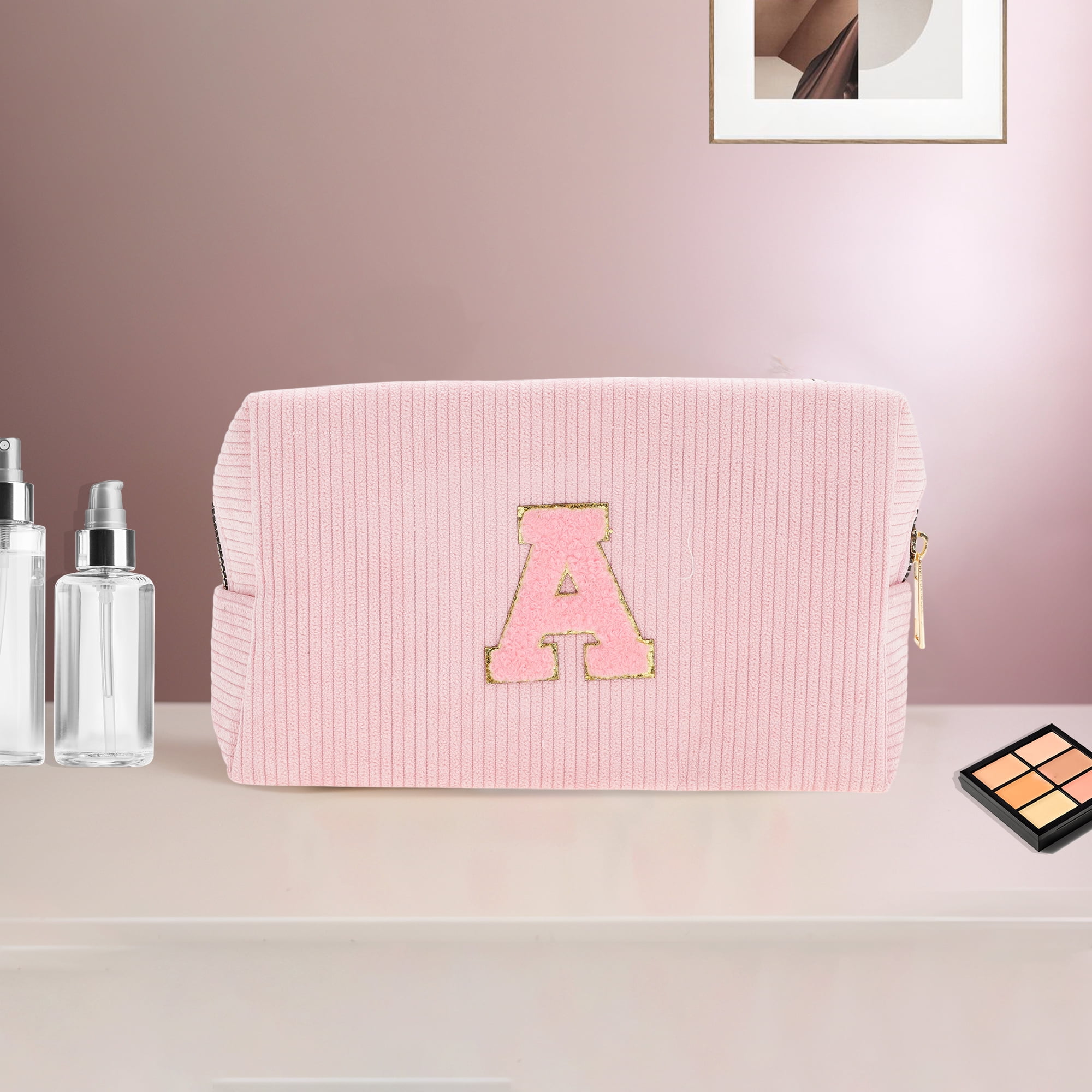 Unique Bargains 1 Pc Corduroy Rectangular Letter Makeup Bag Pink [Letter A]