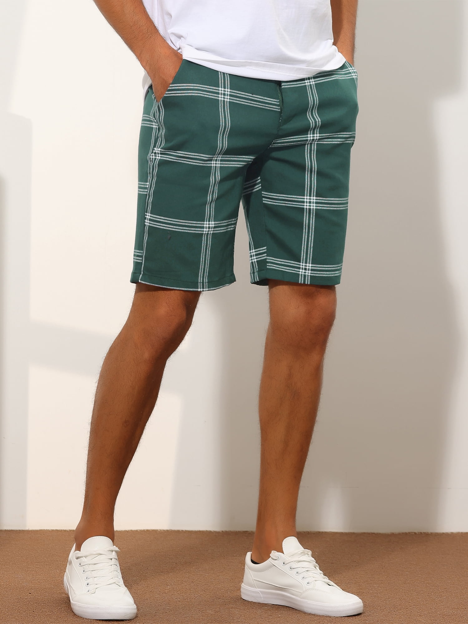 Unique Bargains Men's Plaid Short Regular Fit Flat Front Formal Summer Chino Shorts 28 Green