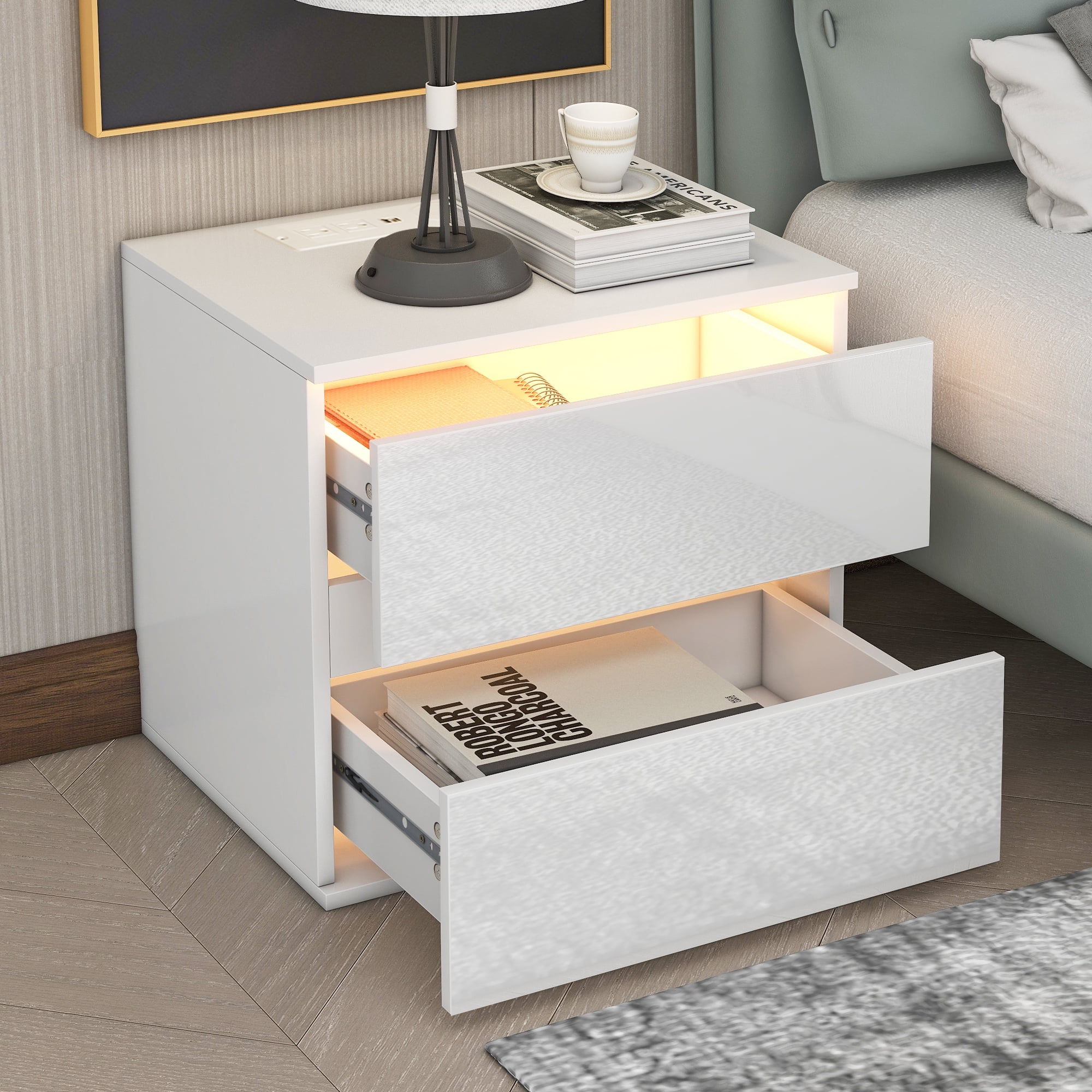UWRNite LED Nightstand with 2 Drawers, Modern Night Stands with
