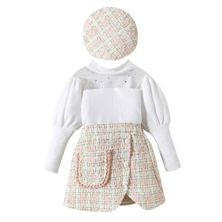 

JIEU Toddler Girls Bubble Sleeve Fine Glitter Cutout Top and Plaid Print Irregular Skirt Girl Fall Outfits with Hat for Home Wear Daily Wear Street Shopping