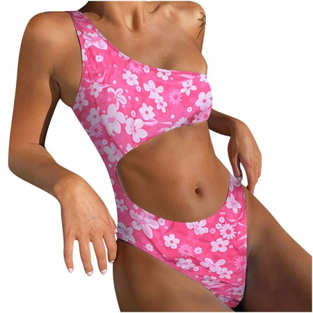 One Piece Swimsuit for Women Women One-shoulder Floral Hollow One-piece Bikini Print Beachwear Set