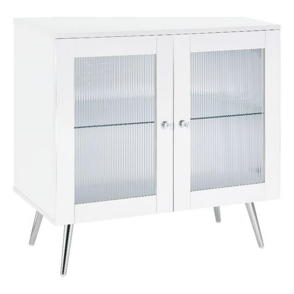 Pemberly Row Wood Accent Cabinet with Glass Shelf White High Gloss and Chrome