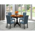 thumbnail image 5 of French Flair 5-Piece Wooden Dining Set Consists of a Wood Kitchen Table and 4 Blue Linen Fabric Parson Chairs with Button Tufted Back, 5 of 6