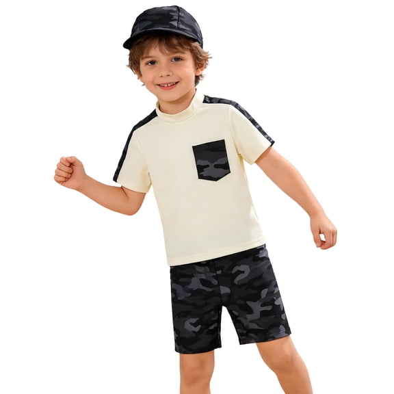 OSOLU Children Boys Swimsuit Sets Summer Crew Neck Swim Shirt and Trunks with Swim Cap Outfit Beach Pool Surfing Bathing Suit
