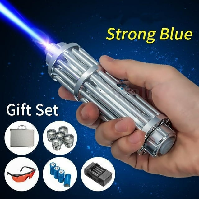 US Plug High Power Laser Pointer Blue Beam Pen 5 Head+Case+Battery+Charger+Goggles 5MW