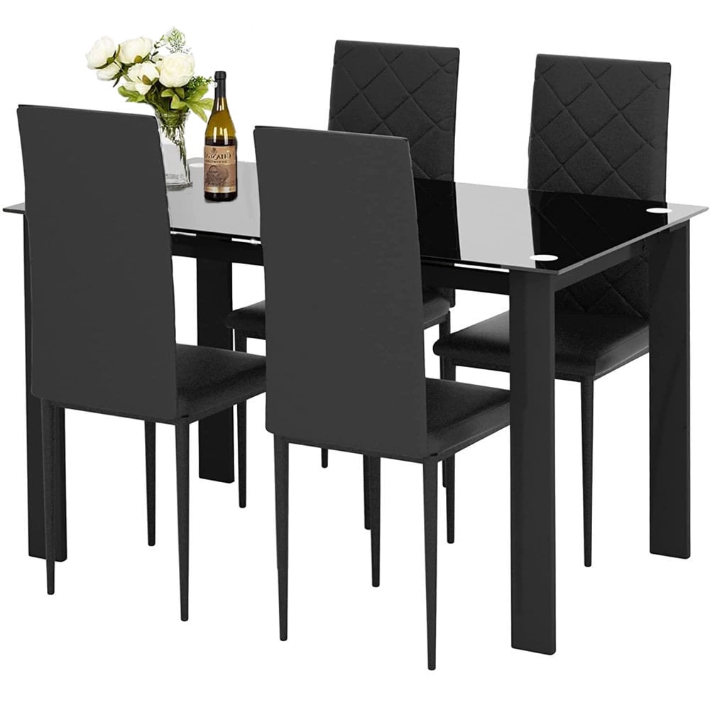 Modstyle Dining Table Set for 4, Glass Dining Table & 4 Chairs, Black