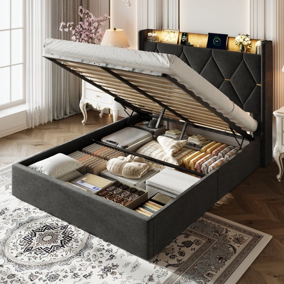 Amolife Queen Lift Up Storage Bed Frame, Chenille Multi-Functional Headboard, Ample Under-Bed Storage Space, Black