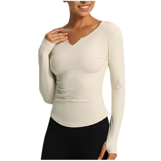 aidice Athletic Tops for Women Yoga Notched V Neck Long Sleeve Skinny Stretch Ruched Running Workout Tops