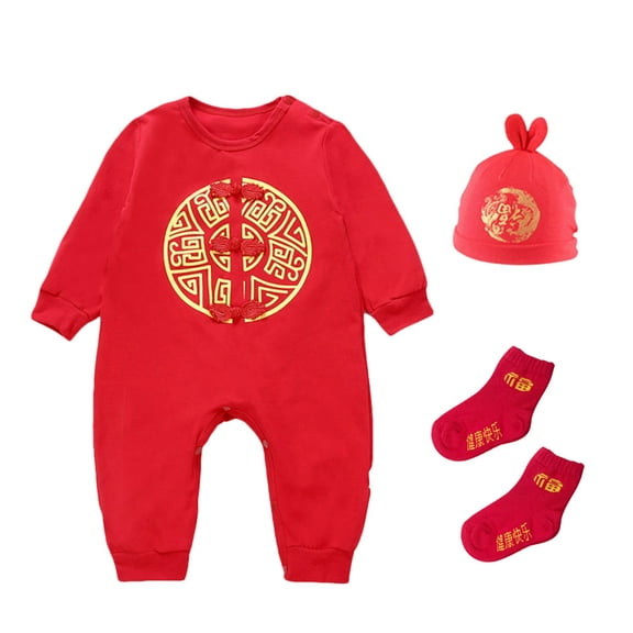 PINQI 0-18 Months Baby Spring Outfits Baby Girls Boys Chinese New Year Embroidery Long Sleeve Pullover Romper Jumpsuit Socks Hat Overall Clothes(Watermelon Red,0-3 Months)