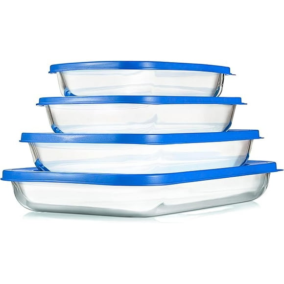 Nutrichef 4 Ensembles de Plats à Gratin en Verre - Plat de Cuisson Rectangulaire en Verre Borosilicaté avec Couvercles PE Bleus Sans BPA, du Congélateur au Four, Rangement pour Cuisine Maison, Plateau Empilable, Lavable au Lave-Vaisselle