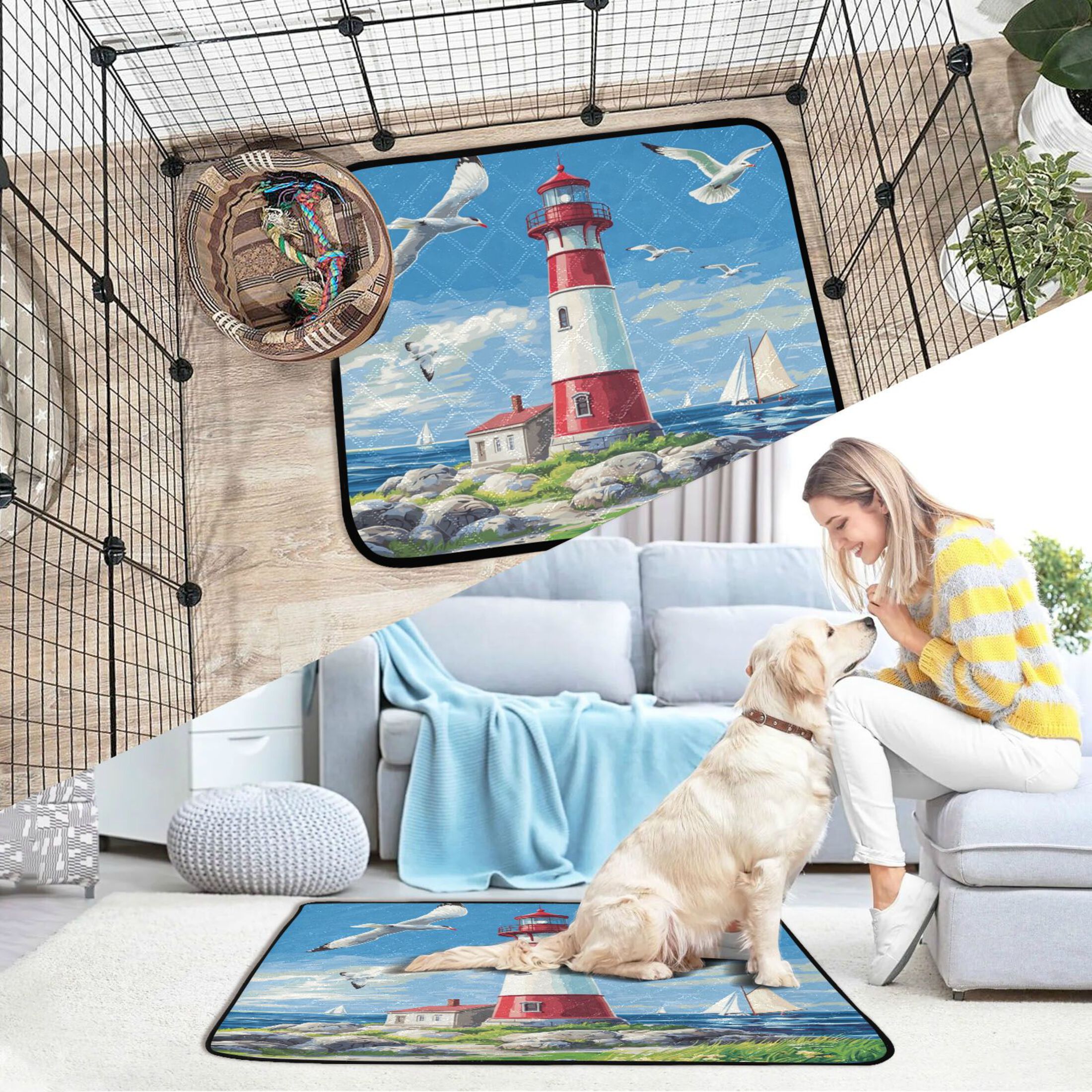 Qxltty Coastal Lighthouse Cat litter Pads Pet Set of 3 Diaper Mats Center Anti-leakage Layer Absorbent Soft and Comfortable