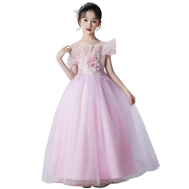 KAWELL Flower Girls Embroidery Beaded Mesh Dress Off Shoulder Princess Bridesmaid Wedding Birthday Eucharist